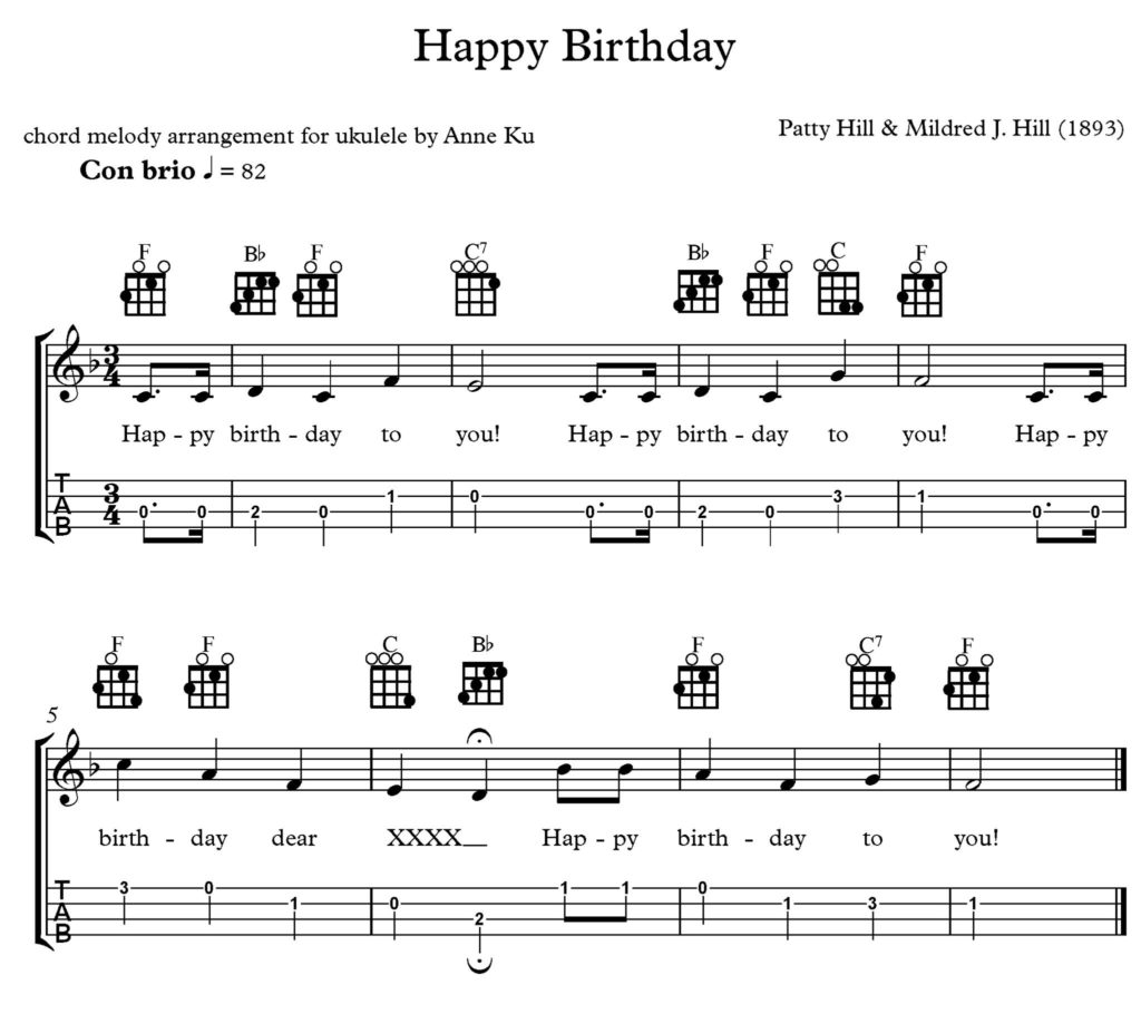instruktør Formand Motherland Happy Birthday chord melody arrangement for ukulele – Anne KuAnne Ku